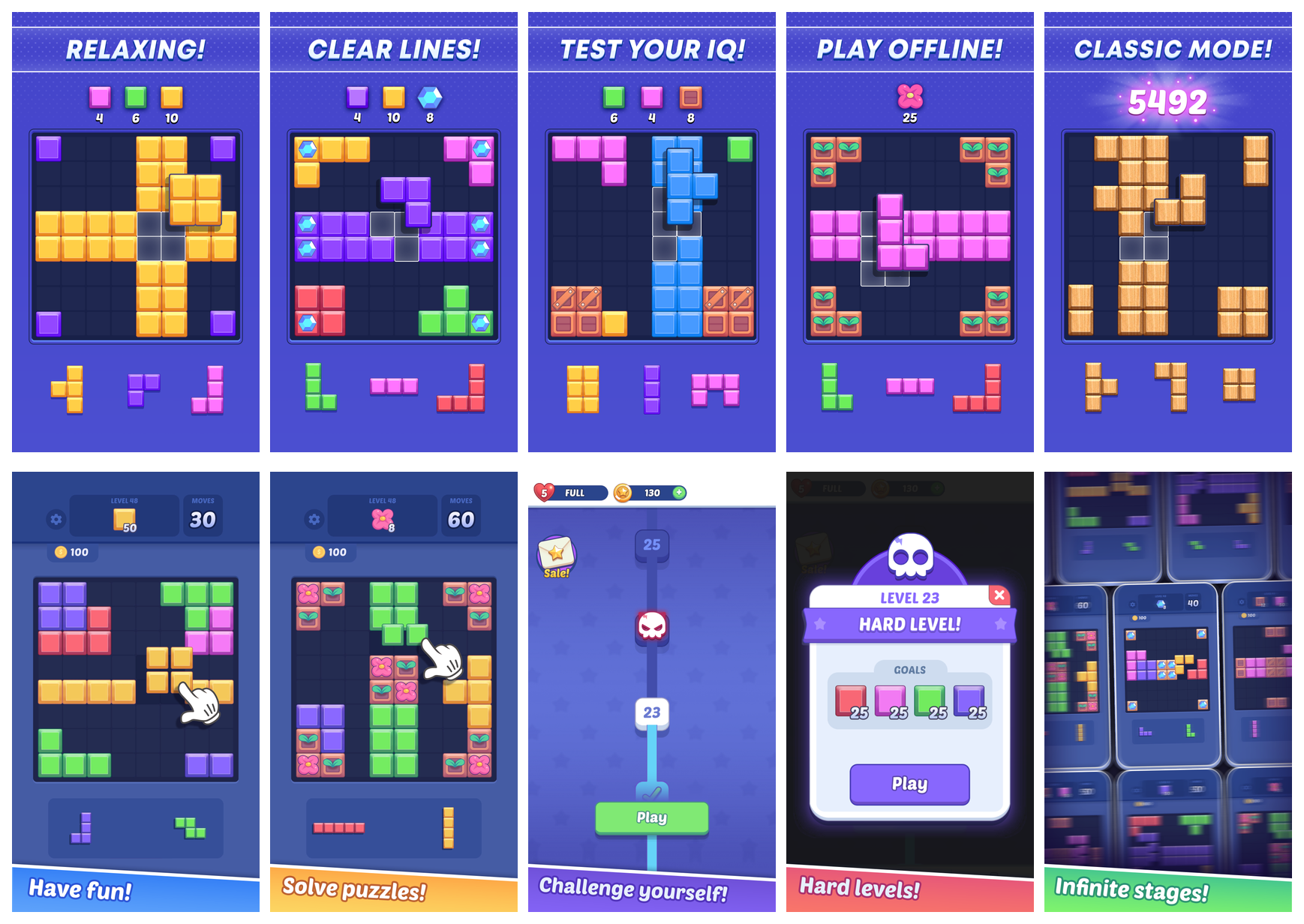 Side-by-side grid of Block Stars Google Play screenshots — the new set on the top row is bright and benefit-led, the old set on the bottom row is dark and cluttered.
