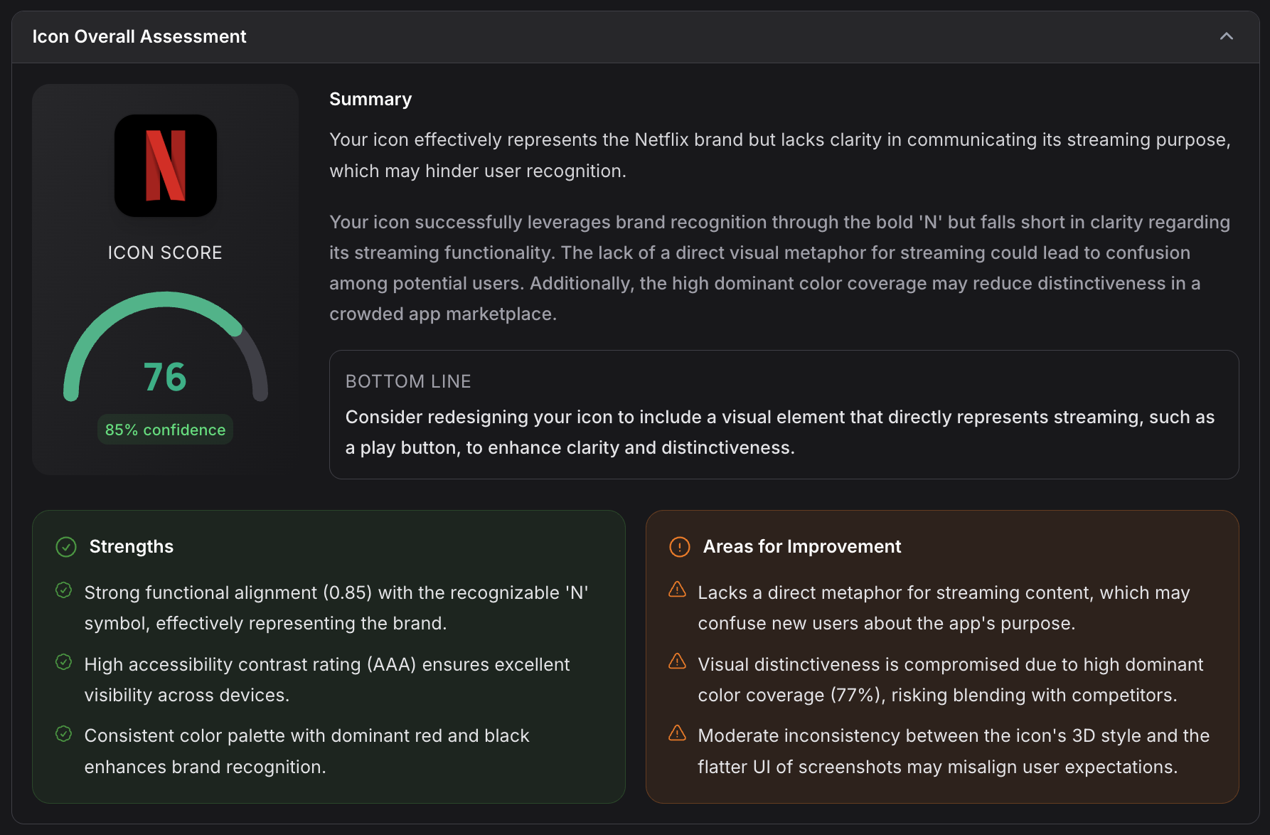 Icon Engine assessment showing the score 76, summary of brand and streaming clarity findings, bottom-line recommendation, strengths, and areas for improvement